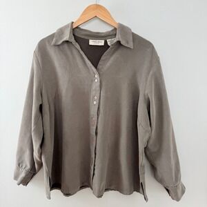 Lemongrass Muted Green Long Sleeve Double Button Faux Suede Blouse